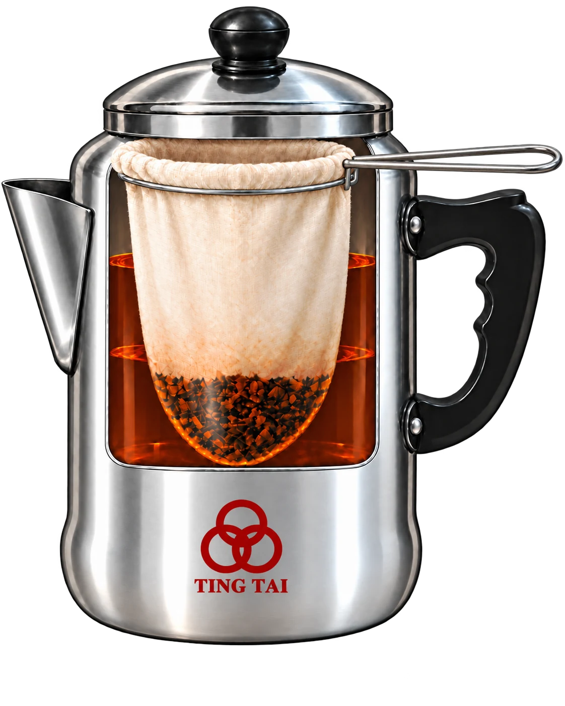 Cutaway of a Hong Kong cha chaan teng brewing pot: a cotton bag hangs from a wire hoop at the rim with a bed of wet tea leaves in its base, surrounded by brewed tea. The pot has a domed lid, a spout and a black bakelite handle.